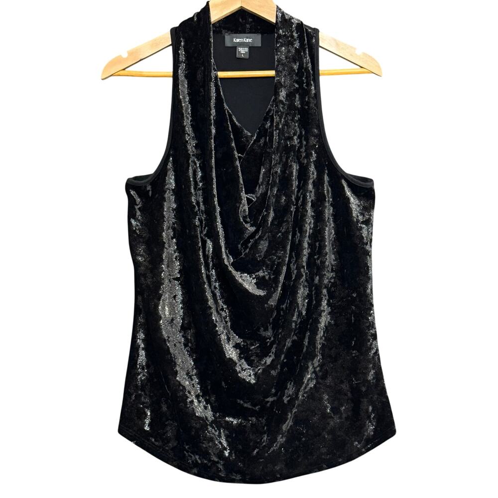 KAREN KANE Crushed Velvet Cowl Neck‎ Top Women's Black Luxe Holiday Glam